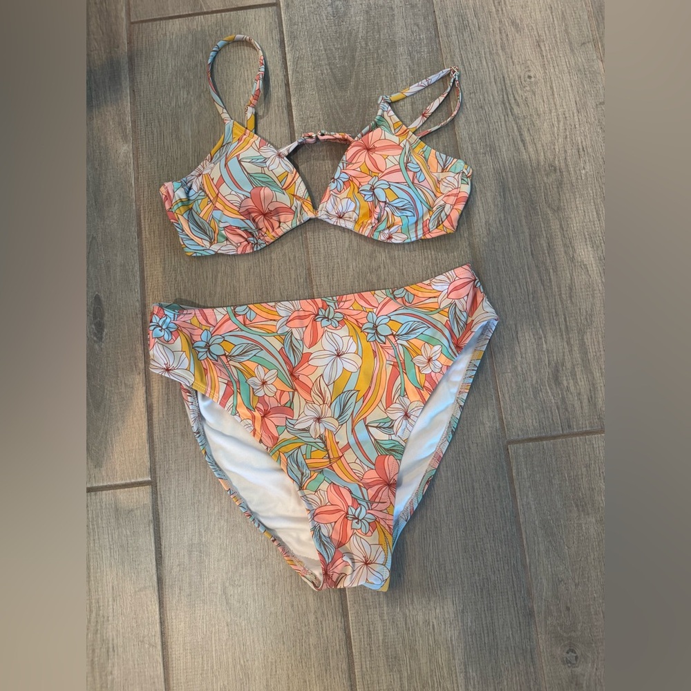 Xhilaration Multicolor Floral High-Waist Bikini - Pink, Orange, Yellow, Blue